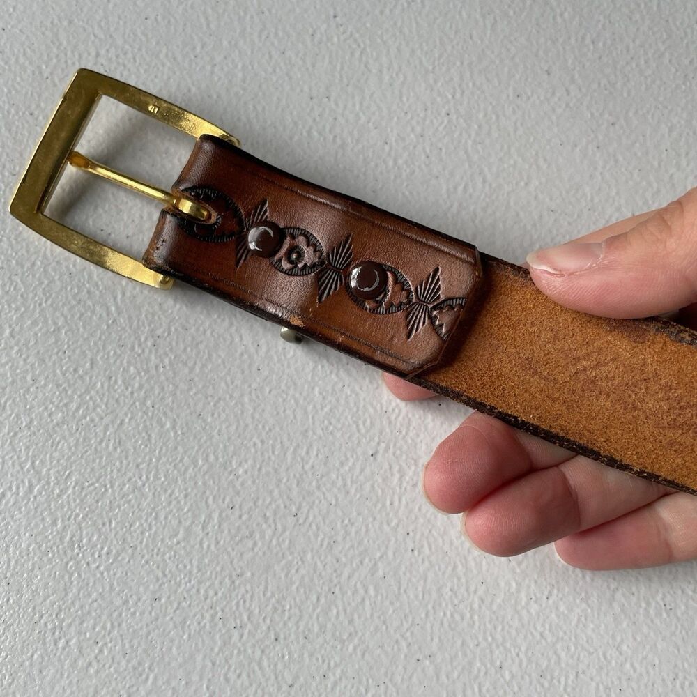 Vintage Western Leather Belt Patterned Leather Brown Gold Buckle 49.5" Long - Picture 6 of 7
